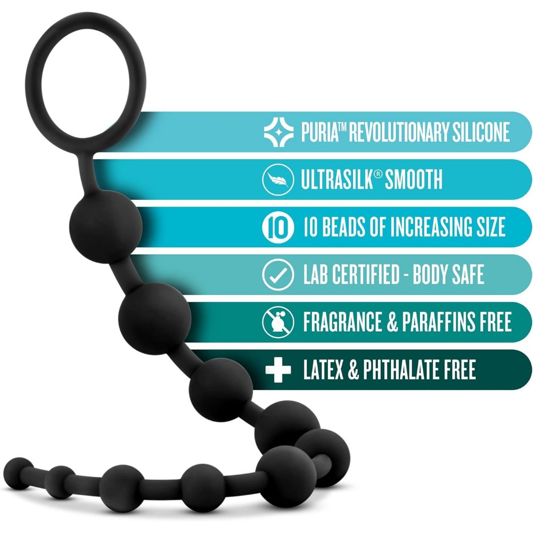 Introducing Blush Novelties Anal Adventures Platinum Ultrasilk Silicone 10 Beads: a string of black beads with a ring handle, made from Puria silicone for backdoor play. Features lab-certified, fragrance-free, latex & phthalate-free material with an Ultrasilk finish and graduated sizes.