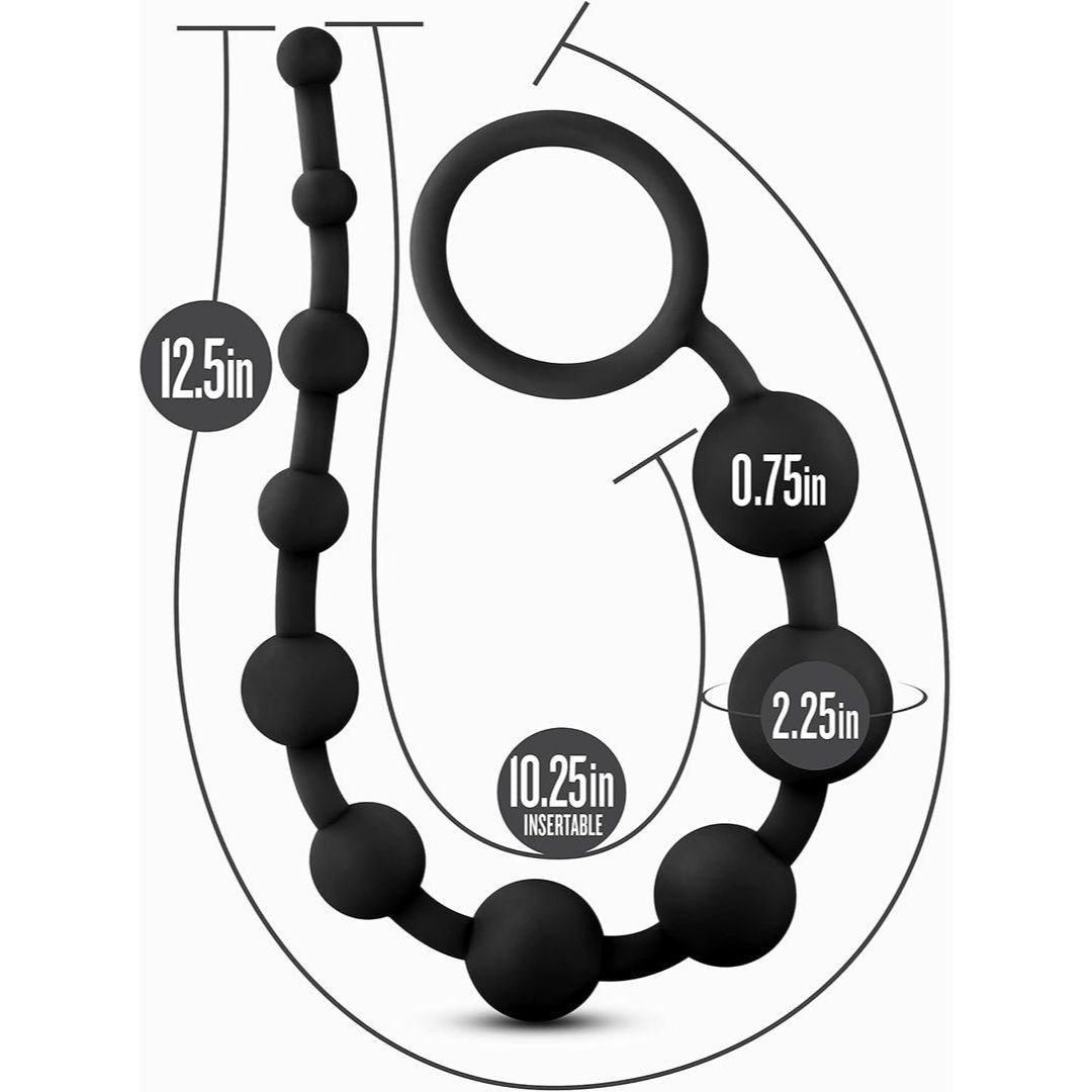 The Blush Novelties Anal Adventures Platinum Ultrasilk Silicone 10 Beads are ideal for backdoor play. These black beads with a ring handle offer graduated sizes, totaling 12.5 inches in length and 10.25 inches insertable, with diameters from 0.75 to 2.25 inches.