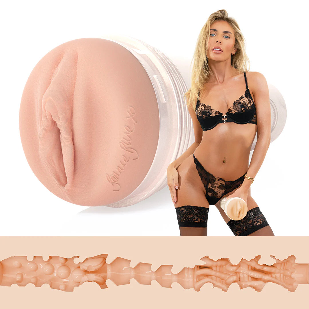 A woman in black lace lingerie poses with the Fleshlight Girls Bonnie Blue 1K: Realistic Male Masturbator Sleeve by Fleshlight, showcasing its external opening and detailed 1K Lady Texture in separate views.