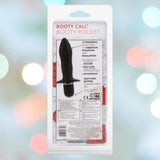 The packaging of the CalExotics Booty Call 'Booty Rocket' Vibrating Anal Stimulator emphasizes its waterproof silicone design and multiple vibration settings. The sleek black device is displayed against a blurred background featuring circular light patterns.