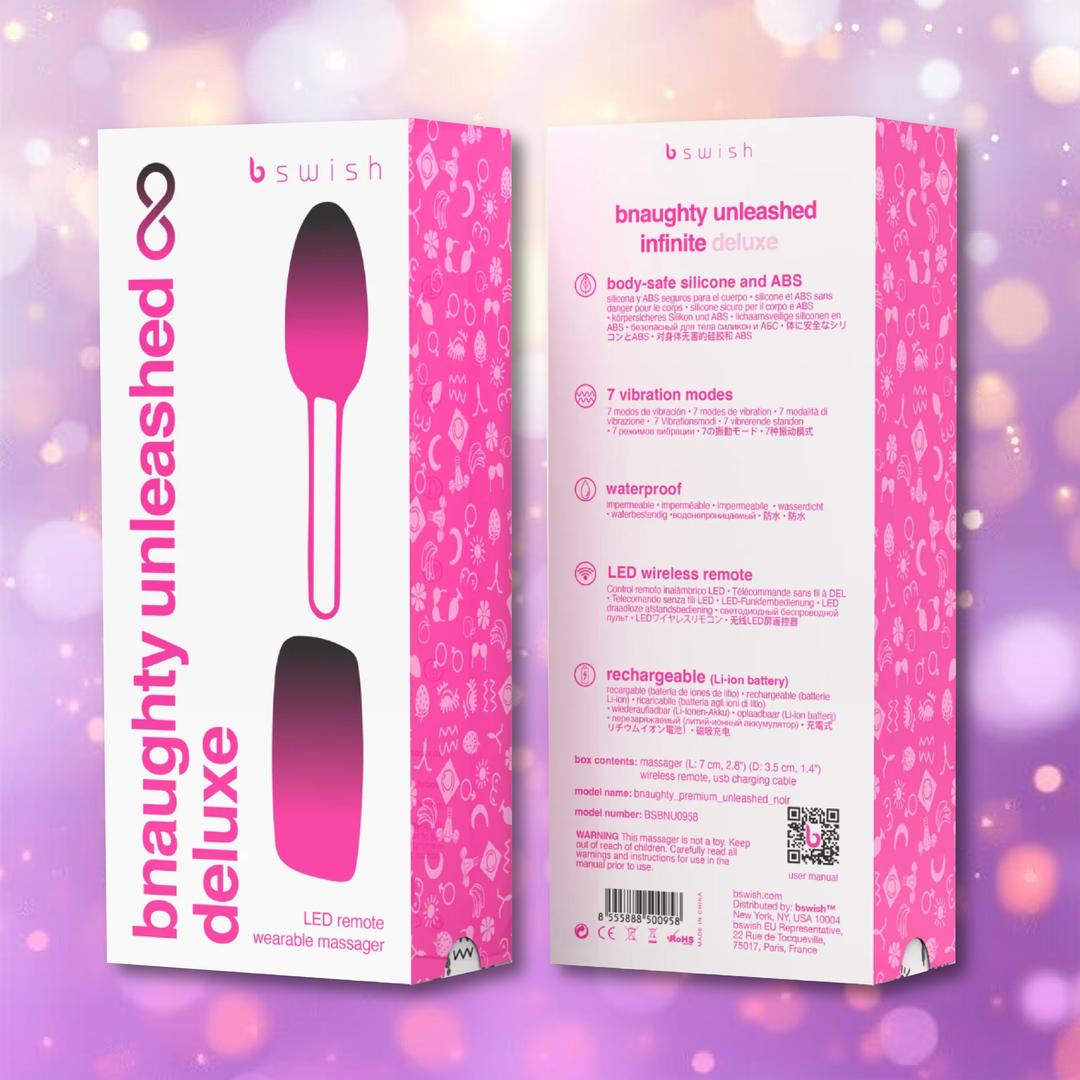 Two pink and white boxes show “B Swish” branding and details for the Bnaughty Unleashed Deluxe Wireless Remote-Controlled Bullet Vibrator, featuring its benefits and an illustration against a soft, sparkly purple background.