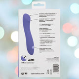 The image displays the back packaging of the CalExotics Connect Contoured "G" personal massager, emphasizing its curved tip vibrator design in a stylish blue. It features nine functions, app control capability, silicone material, and a waterproof design. The packaging also provides product dimensions and warranty information.