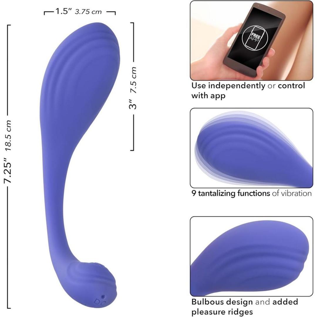 The CalExotics Connect Kegel Exerciser by CalExotics is a purple, curved device with textured ridges, featuring app control, 9 vibration functions, and a bulbous ribbed design to enhance intimate pleasure. Measurements and key features are shown in the images.