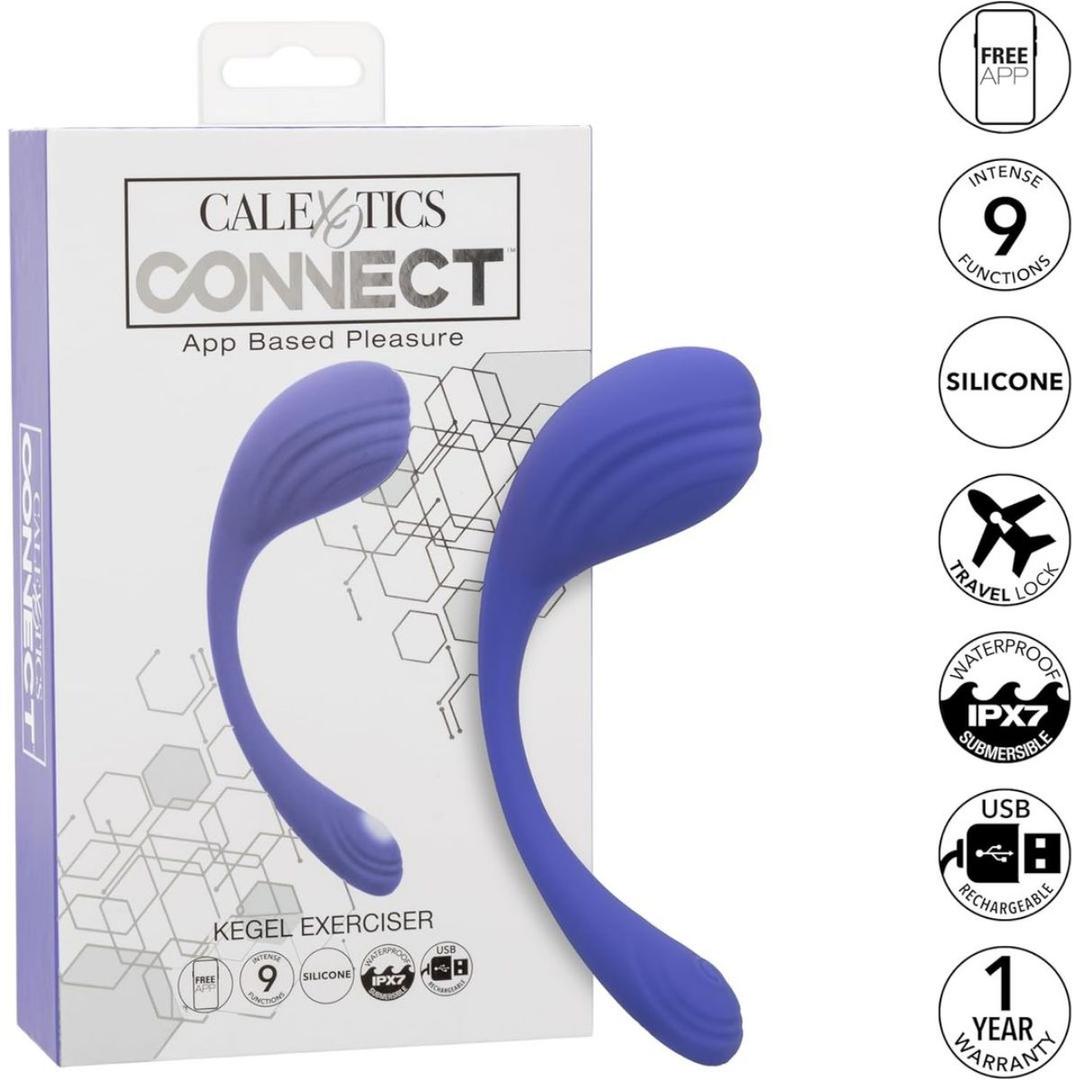 The CalExotics Connect Kegel Exerciser by CalExotics is shown in purple before its box, showcasing 9 functions, silicone build, waterproof and rechargeable design, app-controlled features, and a 1-year warranty for enhanced intimate pleasure.