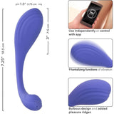 The CalExotics Connect Kegel Exerciser by CalExotics is a purple, curved device with textured ridges, featuring app control, 9 vibration functions, and a bulbous ribbed design to enhance intimate pleasure. Measurements and key features are shown in the images.