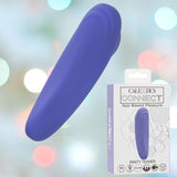 Displayed is a purple, elongated personal massager with a textured surface. To the right, its product packaging is visible, showcasing the same image of the app-controlled CalExotics Connect Panty Teaser and featuring the name "CalExotics Connect" alongside "Panty Teaser." The background appears blurred.