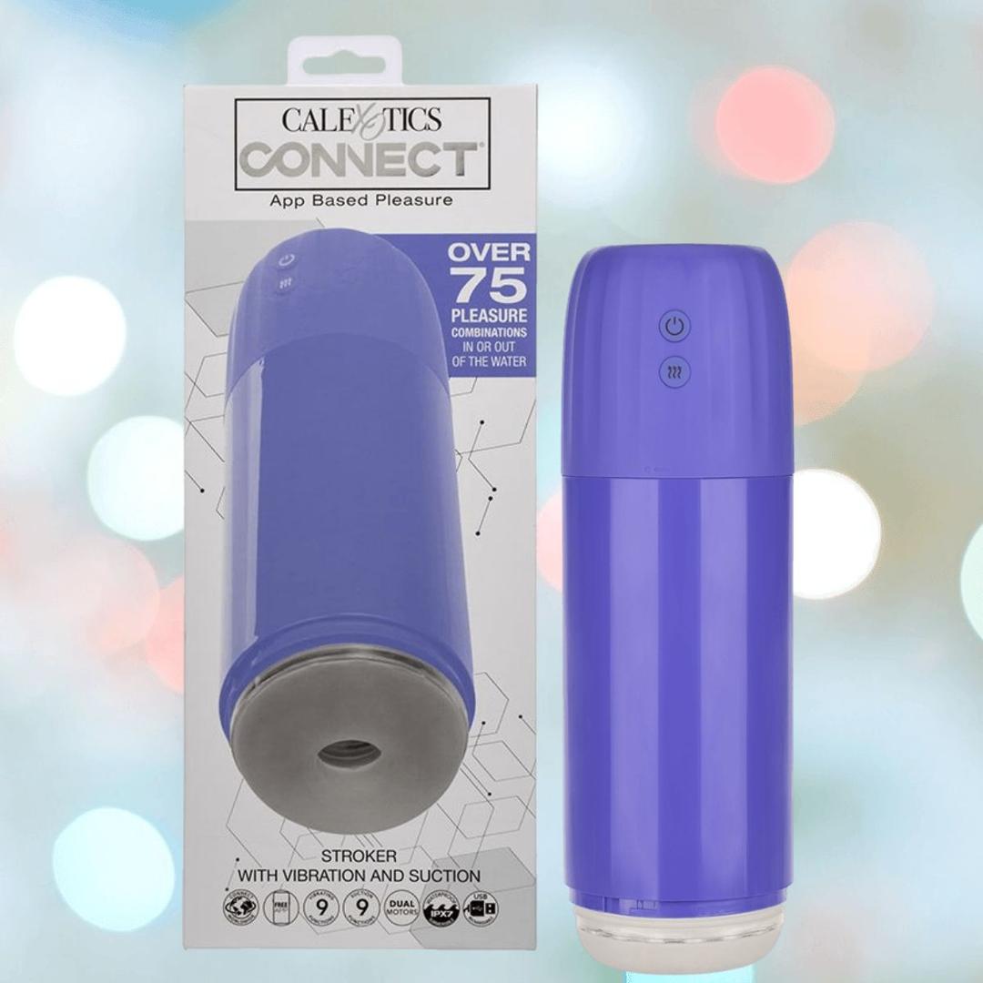 A CalExotics Connect Stroker with Vibration and Suction in purple is pictured beside its packaging, which emphasizes app-based pleasure, 75+ combinations, and interactive features.