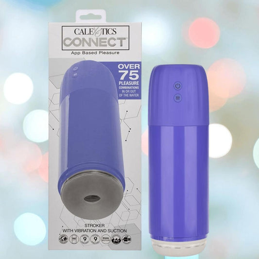 A CalExotics Connect Stroker with Vibration and Suction in purple is pictured beside its packaging, which emphasizes app-based pleasure, 75+ combinations, and interactive features. 1080