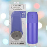 A CalExotics Connect Stroker with Vibration and Suction in purple is pictured beside its packaging, which emphasizes app-based pleasure, 75+ combinations, and interactive features.