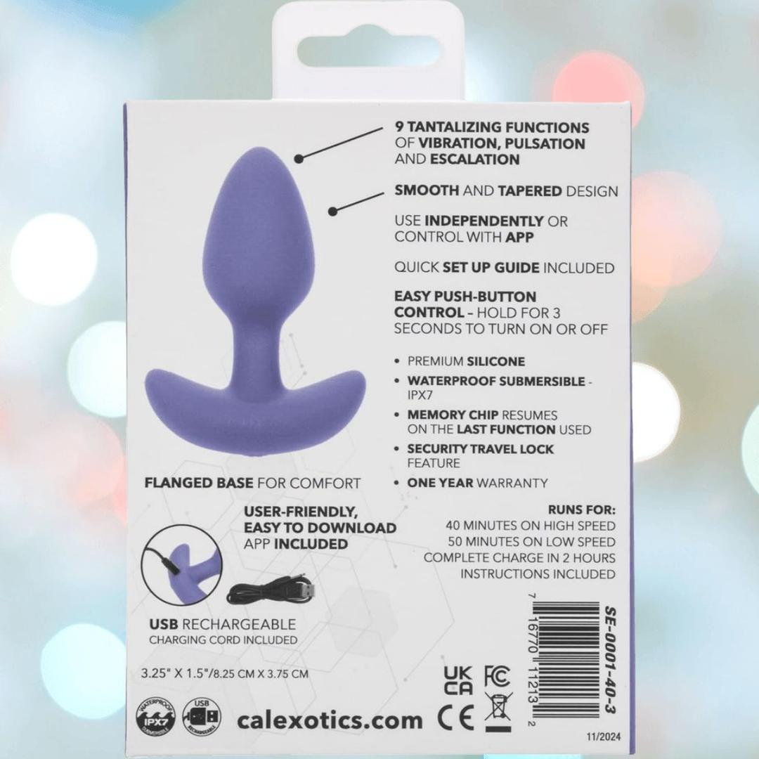 The image shows the back packaging of the CalExotics Connect Tapered Probe App Controlled Anal Vibrator. Features listed include 9 vibration functions, app control, memory chip, USB rechargeability, flanged base, and waterproof design.