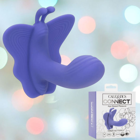 A purple butterfly-shaped personal massager, named the CalExotics Connect Venus Butterfly App Remote Control Dual Stimulator, rests on a soft, colorful bokeh background. Boasting dual motors for heightened stimulation, the product box is gracefully displayed in the bottom right corner. 1080