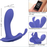 The CalExotics Connect Venus Butterfly App Remote Control Dual Stimulator by CalExotics is a versatile blue vibrating device featuring dual motors and a flexible design. It provides stimulation through its nine app-controlled functions, as highlighted in illustrations with dimensions of 3.25" x 1.25".