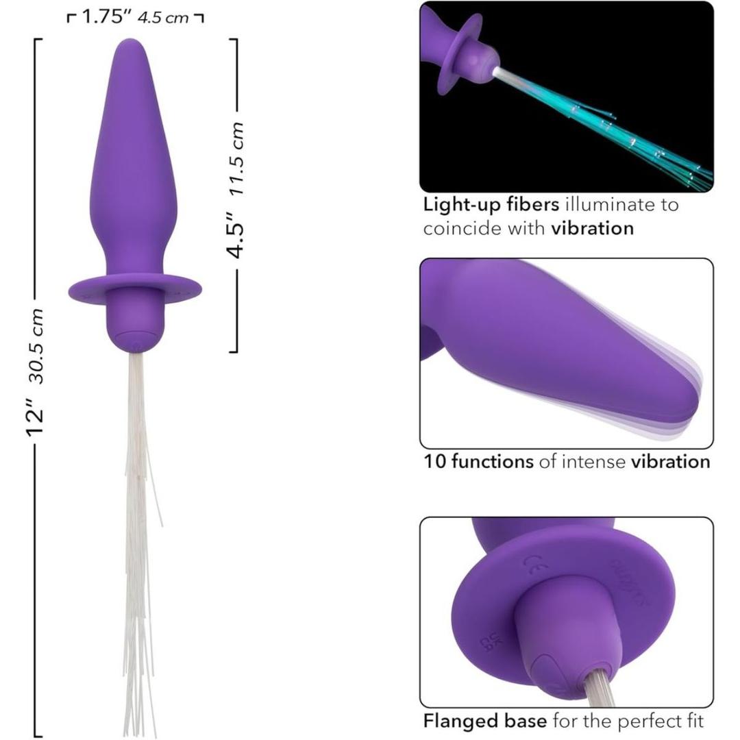The CalExotics Southern Lights Vibrating Light Up Butt Plug Anal Vibrator Probe in purple features 10 vibration functions, a flanged base, and illuminated fiber optic strands for visual excitement and powerful sensations.