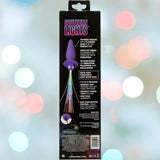 The CalExotics Southern Lights Vibrating Light Up Butt Plug Anal Vibrator Probe - Purple comes in packaging with product features, a device diagram, and a soft-focus multicolored light background. Brand: CalExotics.