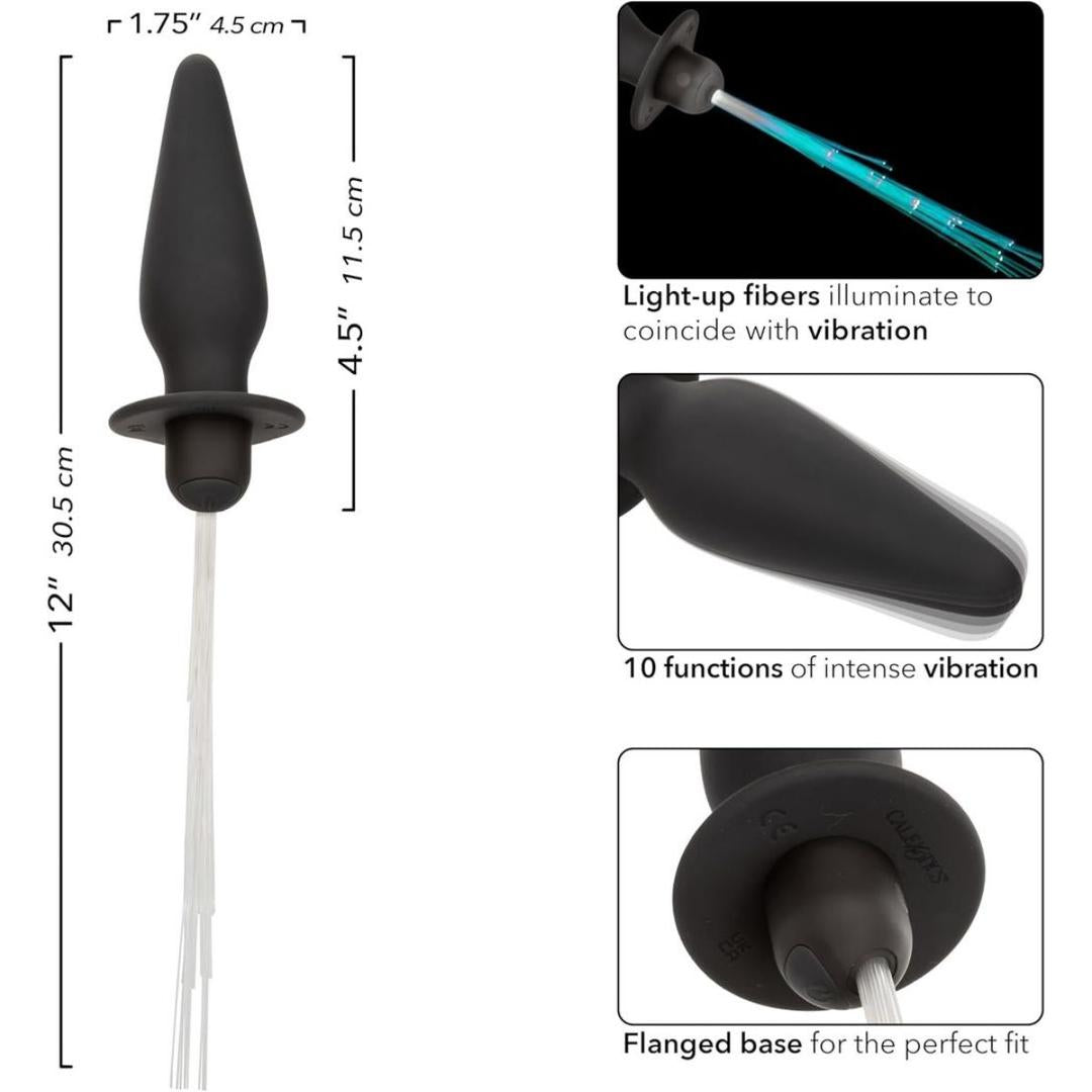 The CalExotics Southern Lights Vibrating Light Up Butt Plug is a black silicone anal vibrator with a flanged base, light-up fibers, and 10 vibration functions. It measures 4.5" long by 1.75" wide.