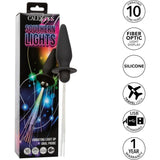 The CalExotics Southern Lights Vibrating Light Up Butt Plug Anal Vibrator Probe by CalExotics is shown beside its colorful box. It features 10 vibration functions, fiber optic light-up probe, USB charging, travel lock, and a 1-year warranty.