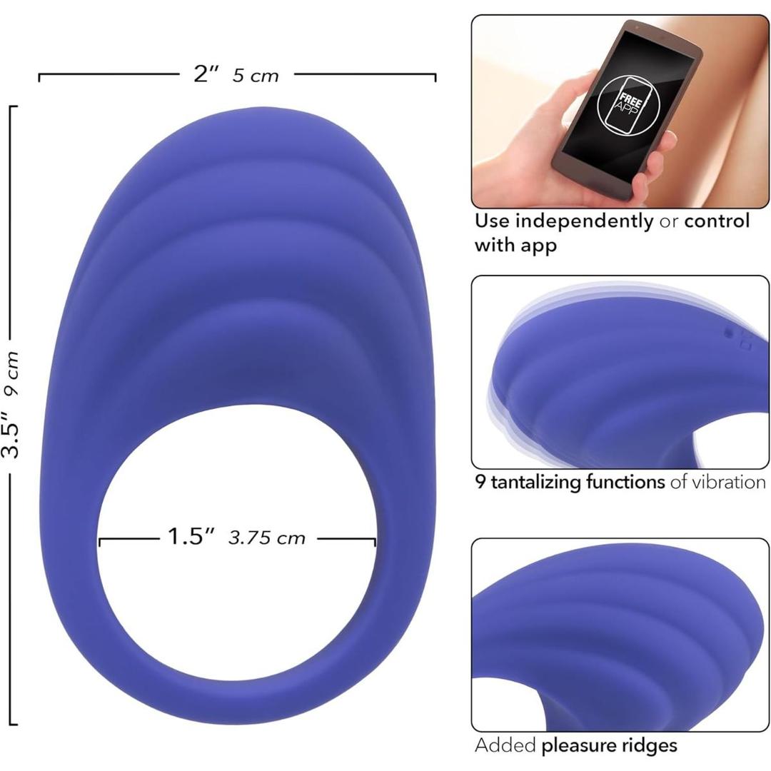 The CalExotics Connect Couples Ring by CalExotics is a blue, app-controlled ring with textured ridges, 9 vibration modes, and dimensions of 2" wide, 3.5" tall, and a 1.5" ring diameter for enhanced shared pleasure.