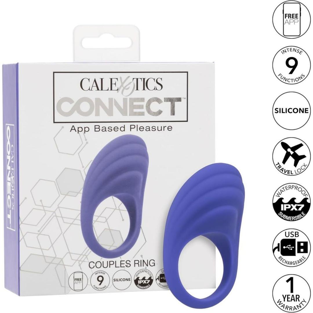 A purple CalExotics Connect Couples Ring is shown in front of its box, featuring app-based control, USB recharge, 9 functions, a travel lock, waterproof build, and a 1-year warranty.