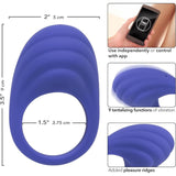 The CalExotics Connect Couples Ring by CalExotics is a blue, app-controlled ring with textured ridges, 9 vibration modes, and dimensions of 2" wide, 3.5" tall, and a 1.5" ring diameter for enhanced shared pleasure.