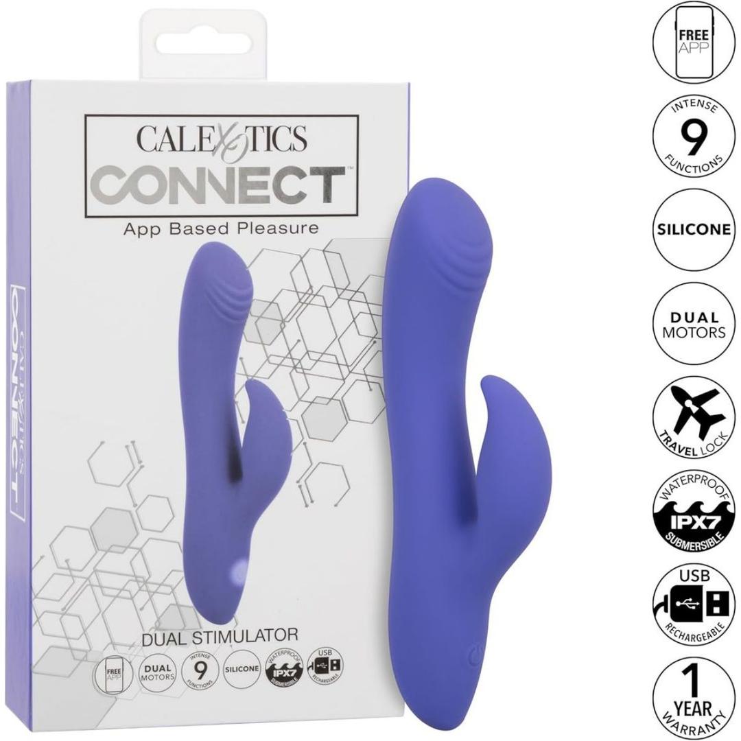 The CalExotics Connect Dual Stimulator, shown upright beside its box, features dual motors, app control, body-safe silicone material, USB charging, and a waterproof design.