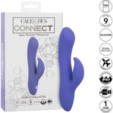 The CalExotics Connect Dual Stimulator, shown upright beside its box, features dual motors, app control, body-safe silicone material, USB charging, and a waterproof design.