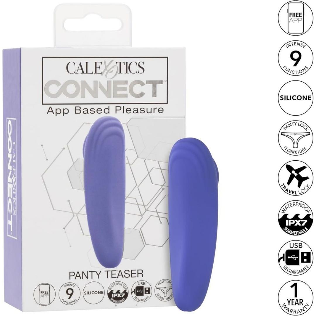 Box displaying the CalExotics Connect Panty Teaser, a purple, app-controlled panty vibrator by CalExotics with 9 settings, silicone material, waterproof design, USB charging, and a 1-year warranty.