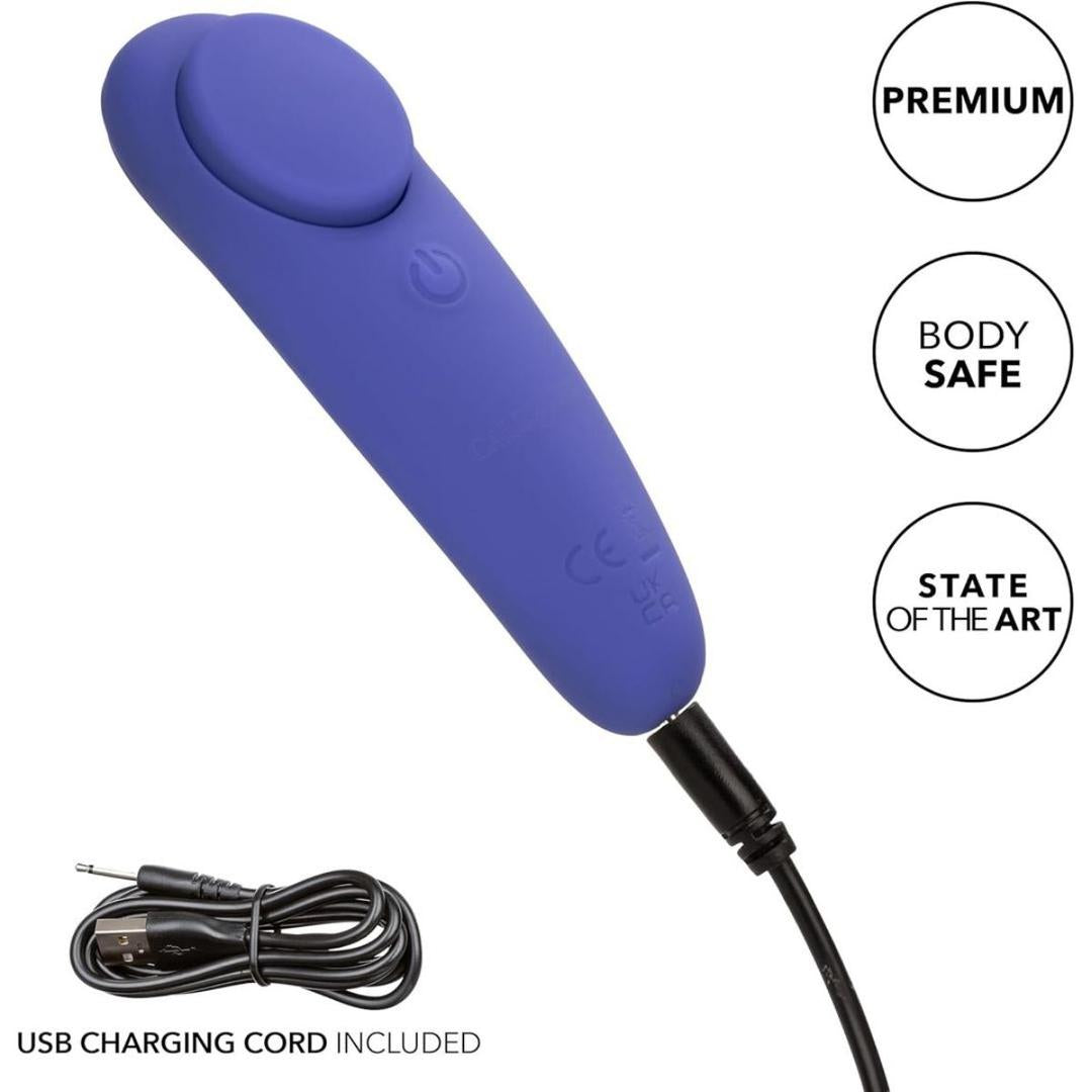 The CalExotics Connect Panty Teaser is a blue, oval-shaped vibrator with a power button and USB charging cord. Text bubbles highlight its "Premium," "Body Safe," and "State of the Art" features, along with an image of the included charger.