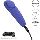 The CalExotics Connect Panty Teaser is a blue, oval-shaped vibrator with a power button and USB charging cord. Text bubbles highlight its "Premium," "Body Safe," and "State of the Art" features, along with an image of the included charger.