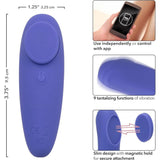 The CalExotics Connect Panty Teaser by CalExotics is a purple, app-controlled panty vibrator (1.25" x 3.75"), offering 9 vibration modes, a slim profile, and a secure magnetic fit—features highlighted with clear graphics.