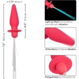 The CalExotics Southern Lights Vibrating Light Up Butt Plug Anal Vibrator Probe in pink features a 4.5" length, 1.75" width, flared base for safety, ten vibration functions, and glowing fiber-optic strands for added visual excitement.