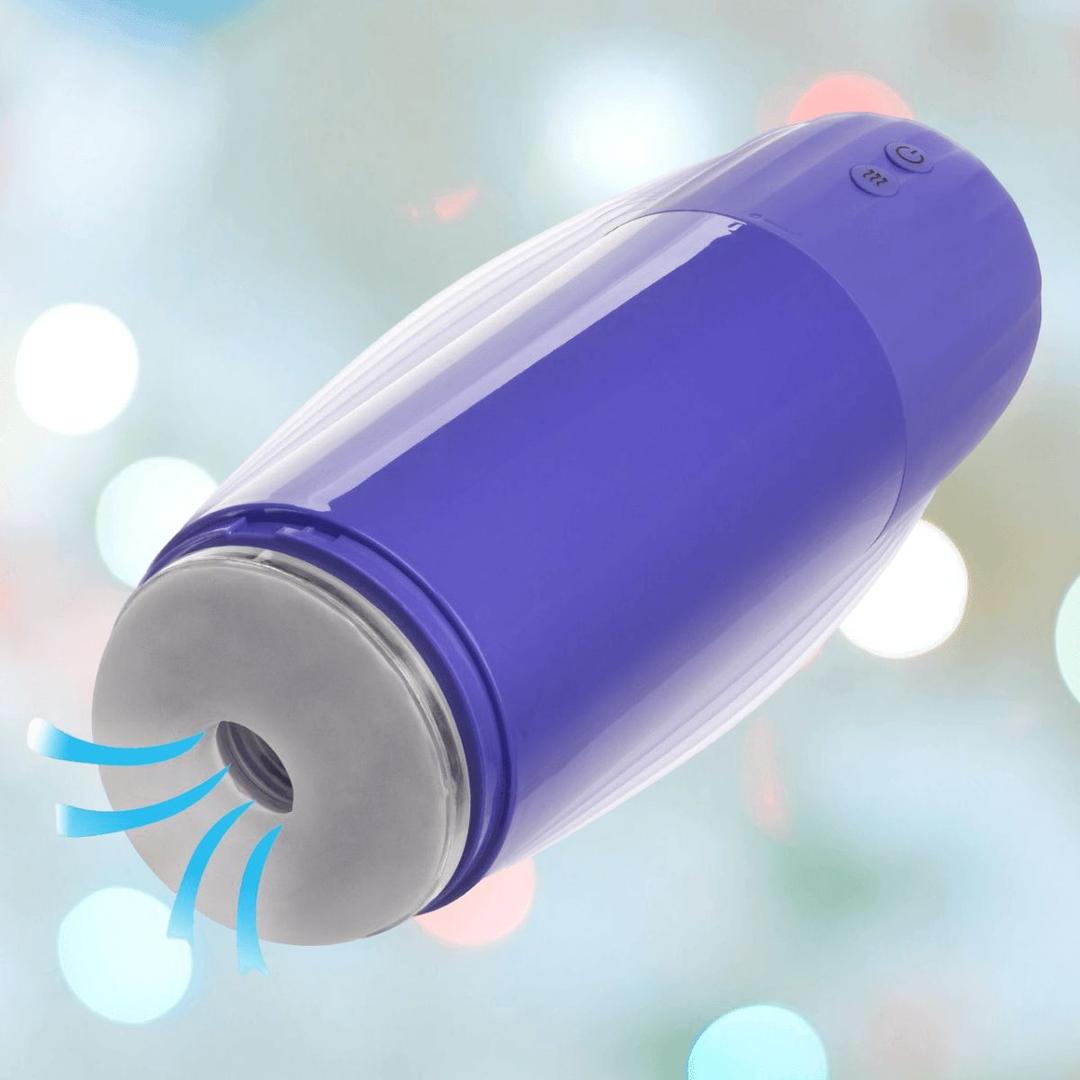 The CalExotics Connect Stroker with Vibration and Suction by CalExotics is a purple and gray cylindrical device featuring a circular opening, shown emitting blue airflow lines against a softly blurred background with light spots.