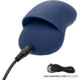 The CalExotics Cashmere Dual Finger Massager is a blue, curved electronic device with certification markings. It comes with a black USB charging cord, as shown below and noted by the text "USB CHARGING CORD INCLUDED.