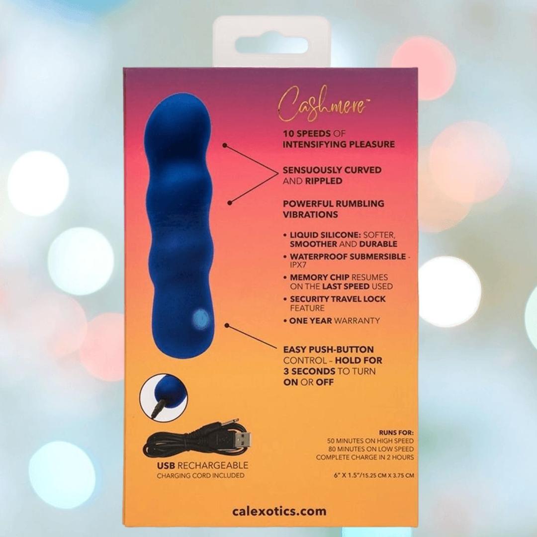 The Cashmere Satin Swirl G by CalExotics is a blue, curved vibrator with 10 speeds, rumbling vibrations, waterproof design, USB rechargeable cord, and push-button control, shown on a colorful gradient background.