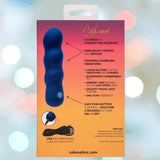 The Cashmere Satin Swirl G by CalExotics is a blue, curved vibrator with 10 speeds, rumbling vibrations, waterproof design, USB rechargeable cord, and push-button control, shown on a colorful gradient background.
