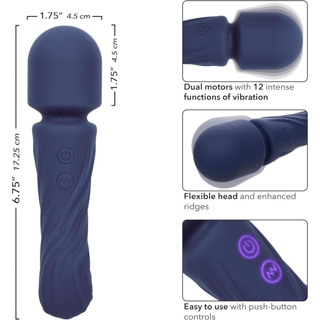 The CalExotics Charisma Allure Wand Massager features a flexible head, textured handle, and push-button controls. Made of body-safe silicone, it's waterproof, with 12 vibration settings. Measures 6.75" long by 1.75" wide in navy blue.