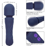 The CalExotics Charisma Allure Wand Massager features a flexible head, textured handle, and push-button controls. Made of body-safe silicone, it's waterproof, with 12 vibration settings. Measures 6.75" long by 1.75" wide in navy blue.