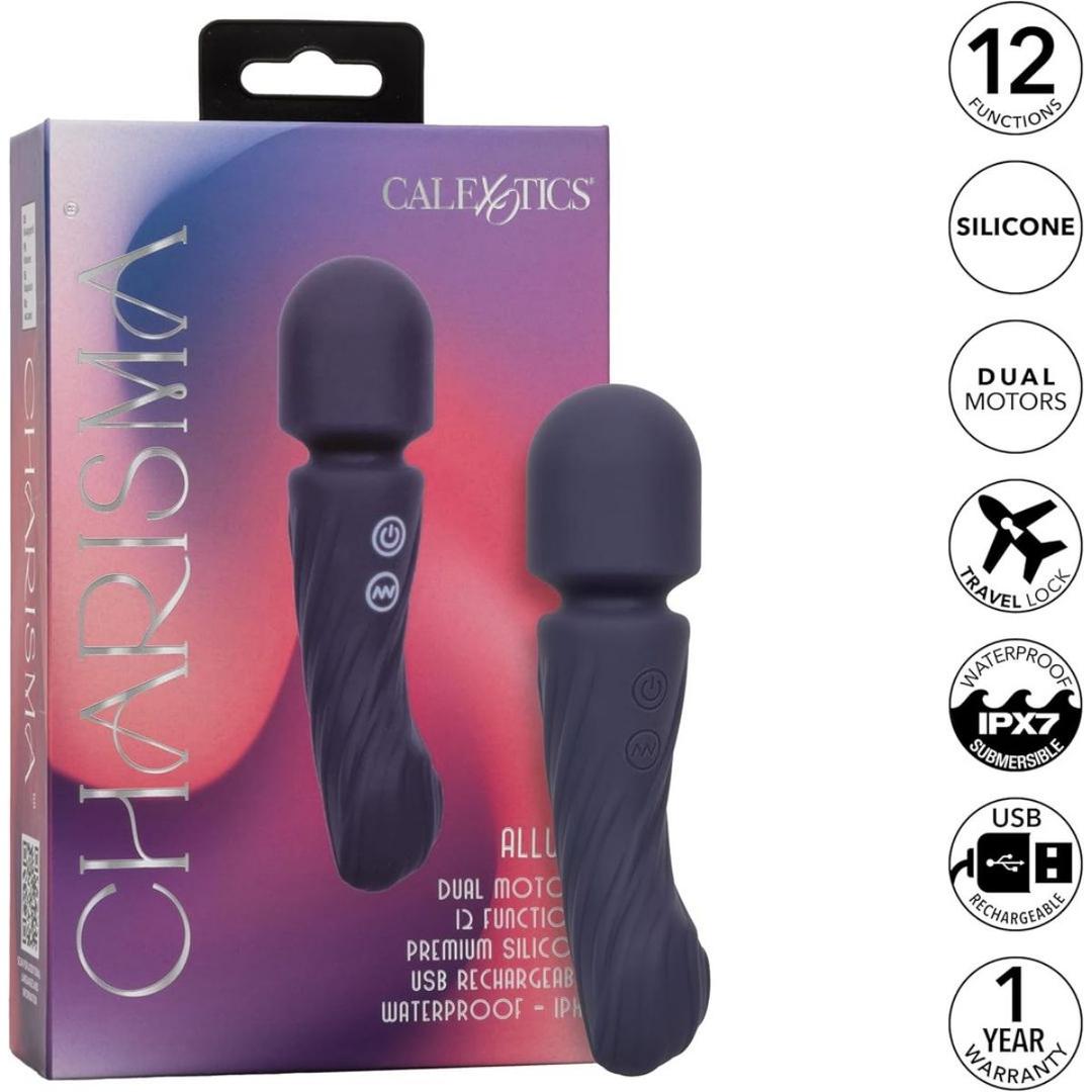 The CalExotics Charisma Allure Wand Massager with Flexible Head is shown beside its box, featuring 12 functions, body-safe silicone, travel lock, waterproof design, USB rechargeable power, and a 1-year warranty.