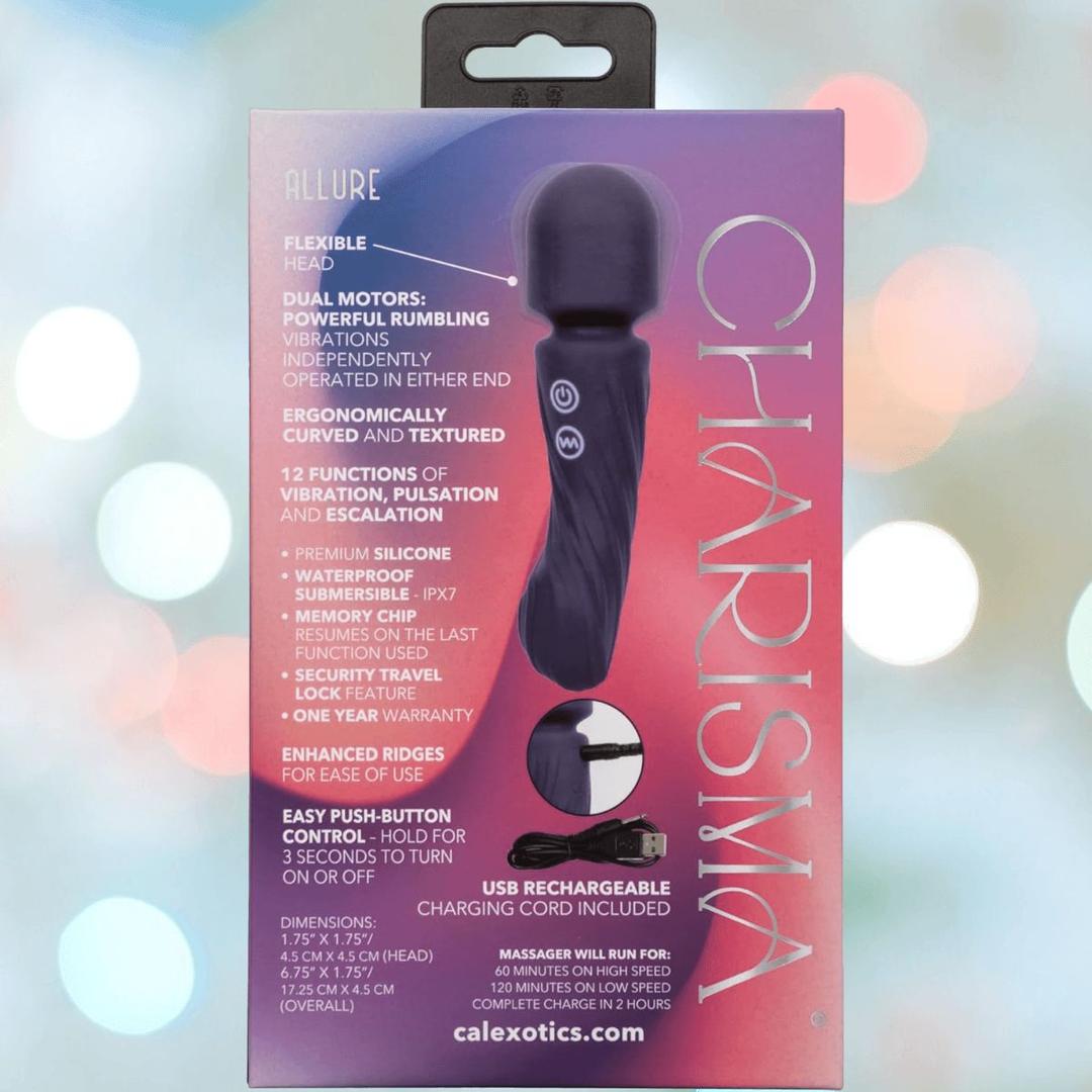 The Charisma Allure Wand Massager by CalExotics, featuring a flexible head and dual motors, stands vertically against a pastel background. Key features like body-safe silicone, 12 vibration functions, and USB rechargeability are shown beside it.