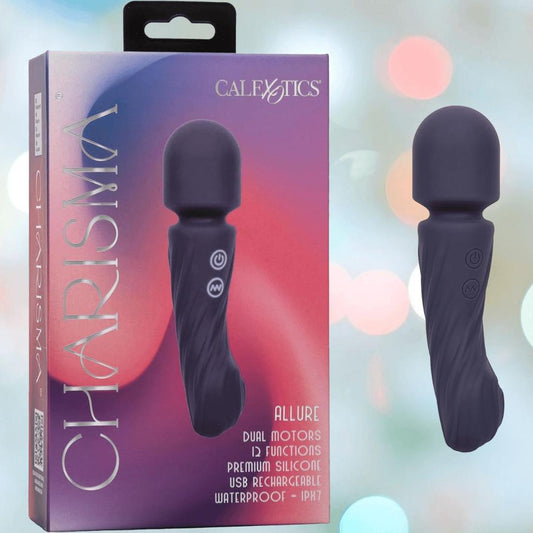 The Charisma Allure Wand Massager with Flexible Head by CalExotics is shown in dark purple next to its box, highlighting features like waterproof design, 12 functions, body-safe silicone, and USB rechargeable convenience. 1080
