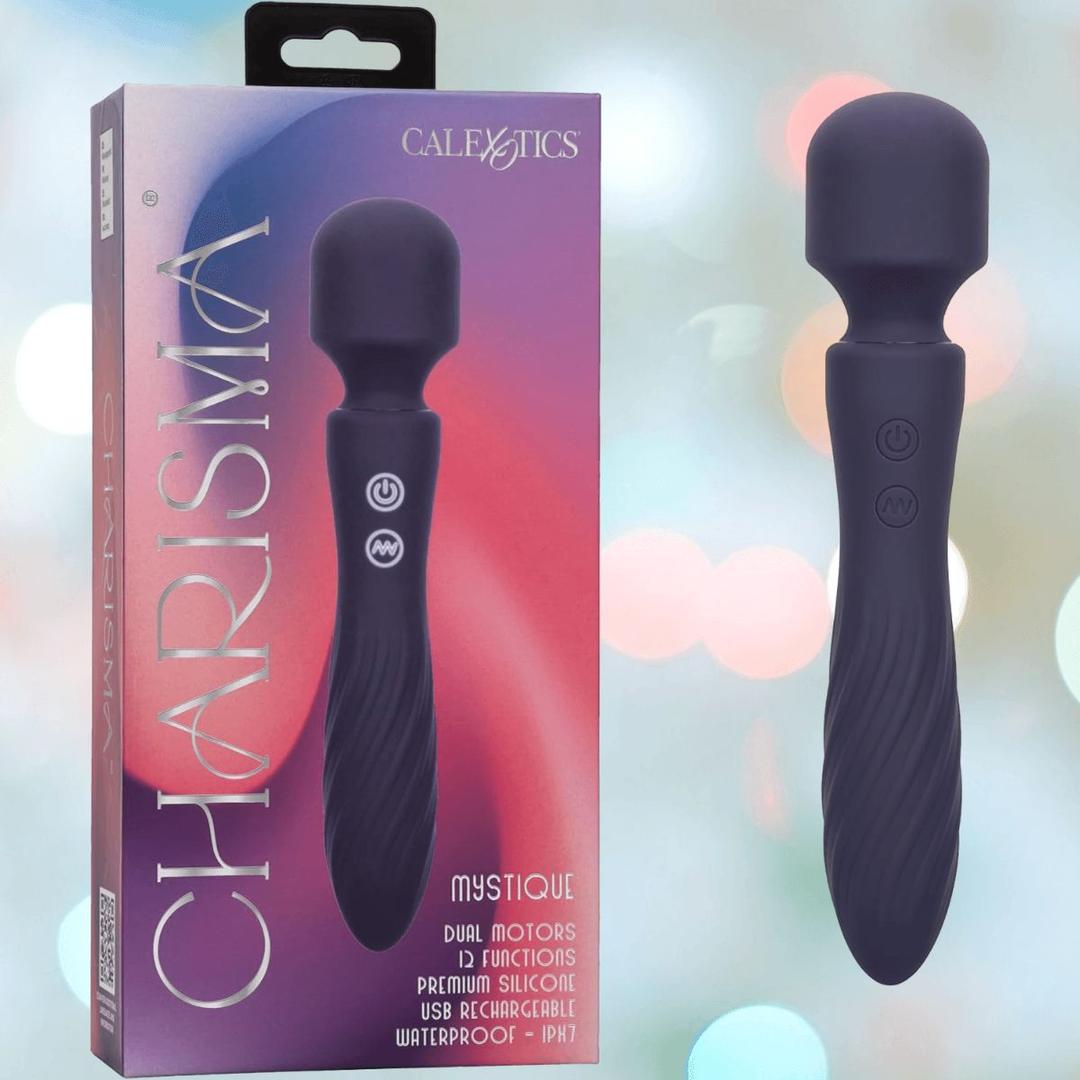 The Charisma Mystique Wand Massager with Flexible Head by CalExotics is shown in black silicone beside its colorful box, featuring waterproof design, dual motors, 12 functions, and convenient control buttons.