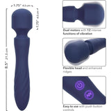 The CalExotics Charisma Mystique Wand Massager features a flexible head, textured handle, illuminated push-button controls, 12 vibration functions, waterproof design, and enhanced ridges for versatile use.