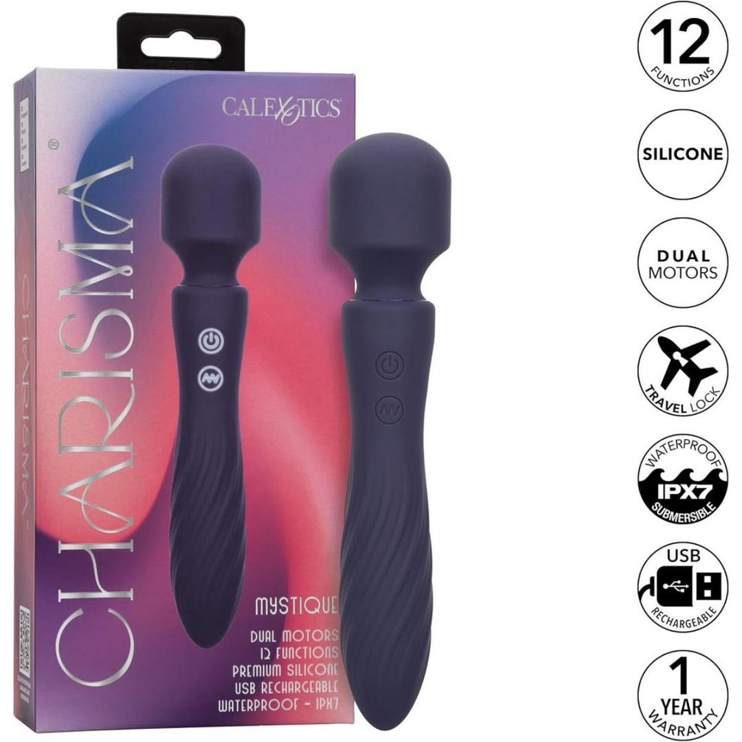 A boxed Charisma Mystique Wand Massager with Flexible Head by CalExotics in dark purple appears beside the product. Icons highlight 12 functions, silicone, IPX7 waterproofing, travel lock, USB recharge, and a 1-year warranty.