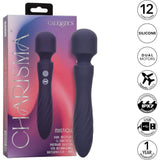 A boxed Charisma Mystique Wand Massager with Flexible Head by CalExotics in dark purple appears beside the product. Icons highlight 12 functions, silicone, IPX7 waterproofing, travel lock, USB recharge, and a 1-year warranty.