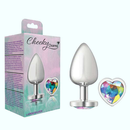 Cheeky Charms Silver Large Metal Butt Plug - Heart-Shaped Clear 1080