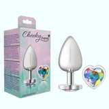 Cheeky Charms Silver Large Metal Butt Plug - Heart-Shaped Clear