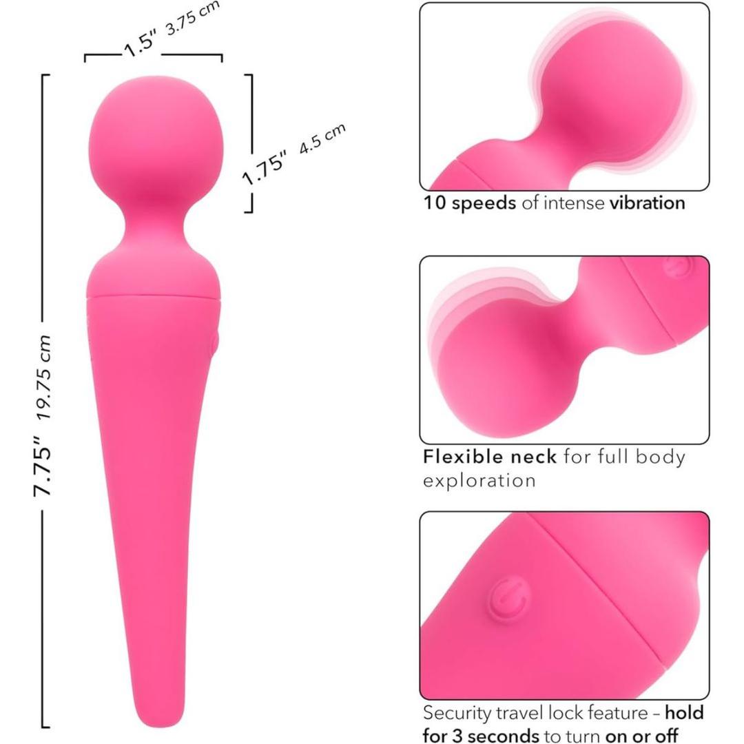The CalExotics Couture Collection Body Wand is a pink handheld massager with a rounded head, 7.75" long and 1.75" wide. It features 10 vibration speeds, a flexible neck, and a secure travel lock for safe portability.