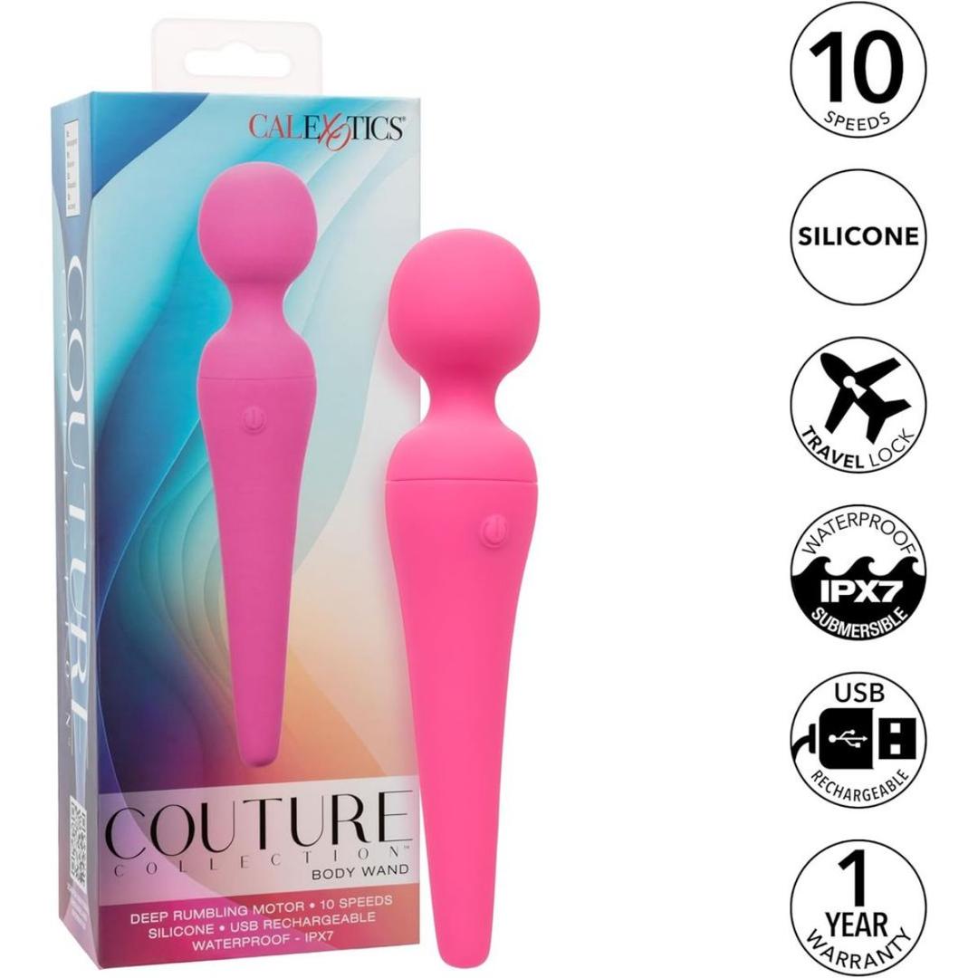 The CalExotics Couture Collection Body Wand in pink is shown beside its vibrant box. Feature icons highlight 10 speeds, silicone material, USB rechargeable, waterproof IPX7, travel lock, and a 1-year warranty.