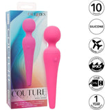 The CalExotics Couture Collection Body Wand in pink is shown beside its vibrant box. Feature icons highlight 10 speeds, silicone material, USB rechargeable, waterproof IPX7, travel lock, and a 1-year warranty.