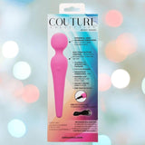 A product box for the CalExotics Couture Collection Body Wand, a pink massager, features highlights like powerful speeds, push-button control, USB rechargeability, and a 1-year warranty.