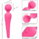 The CalExotics Couture Collection Body Wand is a pink handheld massager with a rounded head, 7.75" long and 1.75" wide. It features 10 vibration speeds, a flexible neck, and a secure travel lock for safe portability.